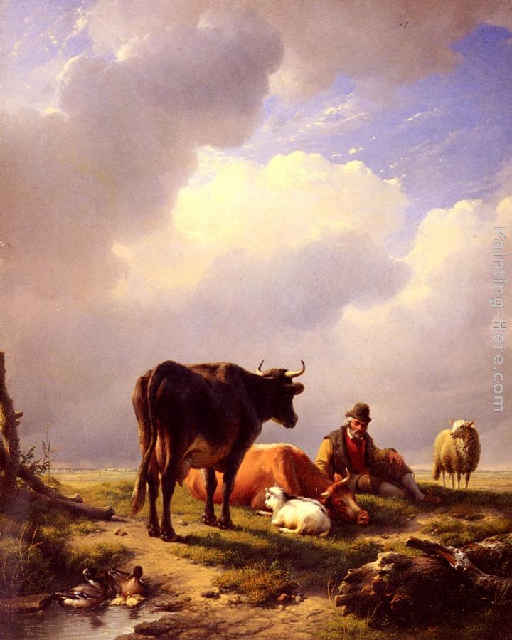 A Farmer At Rest With His Stock painting - Eugene Verboeckhoven A Farmer At Rest With His Stock art painting